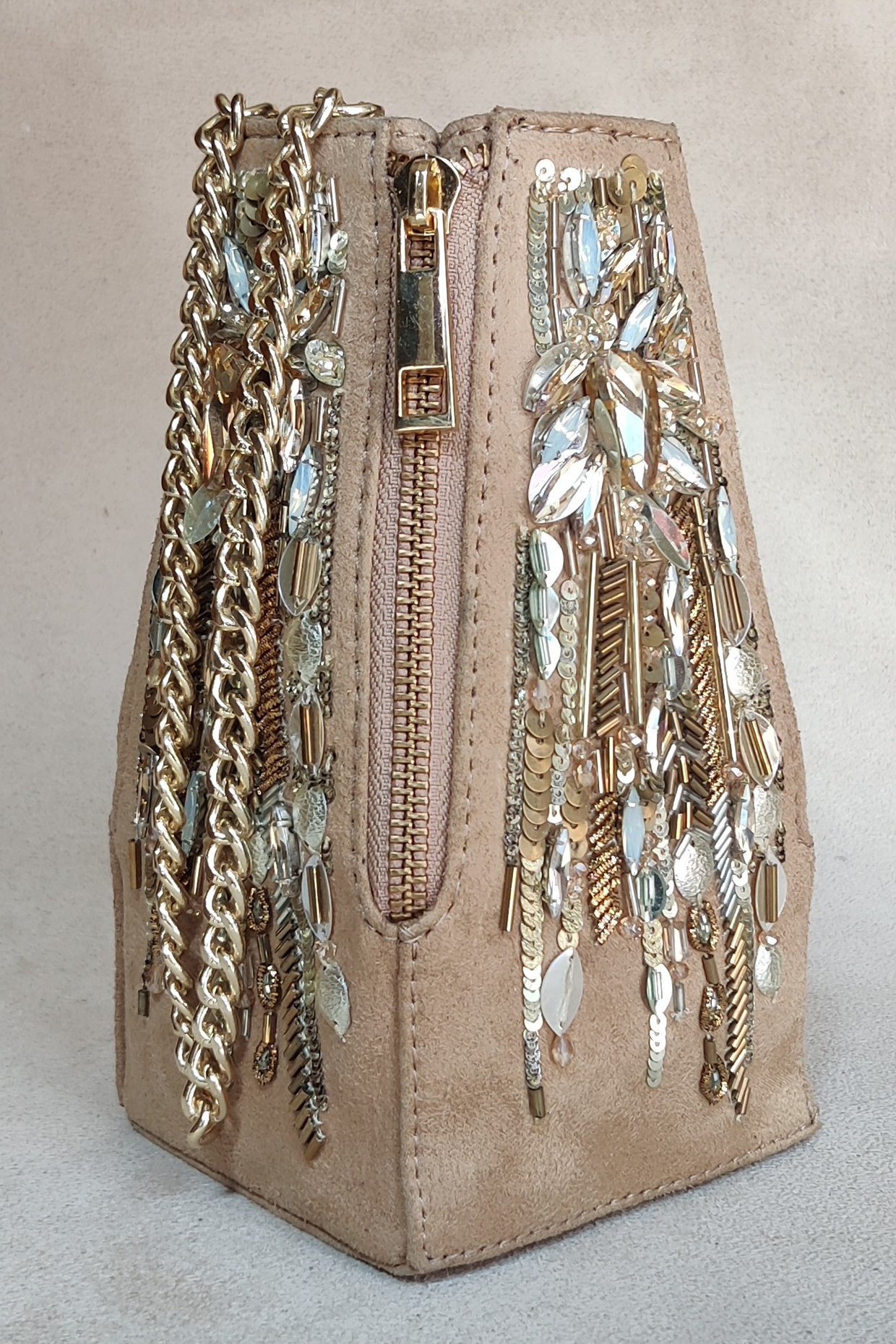 Gold Hand Embellished Pyramid Bag by PLODE