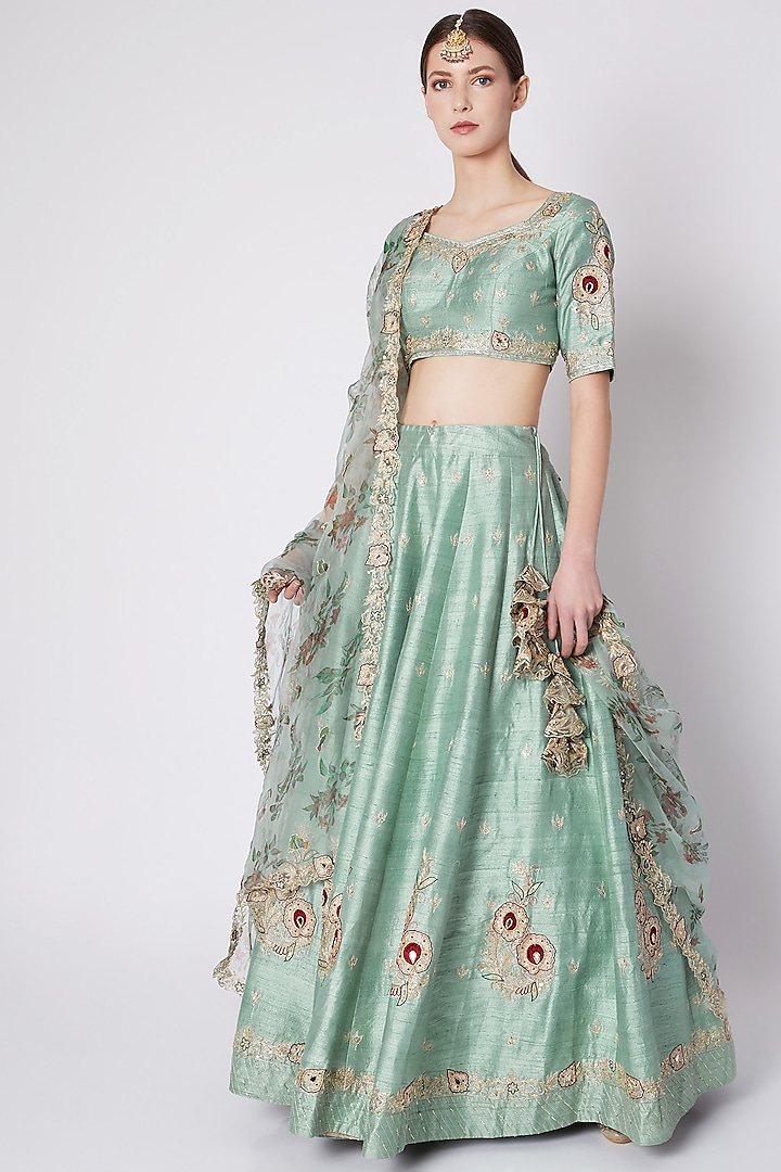 Mint Green Embroidered & Printed Lehenga Set by Pleats by Kaksha & Dimple