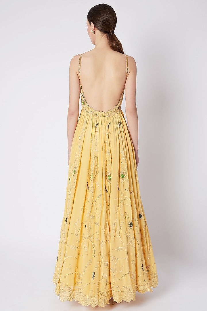 Lemon Yellow Embroidered Anarakali With Dupatta by Pleats by Kaksha & Dimple at Pernia's Pop Up Shop