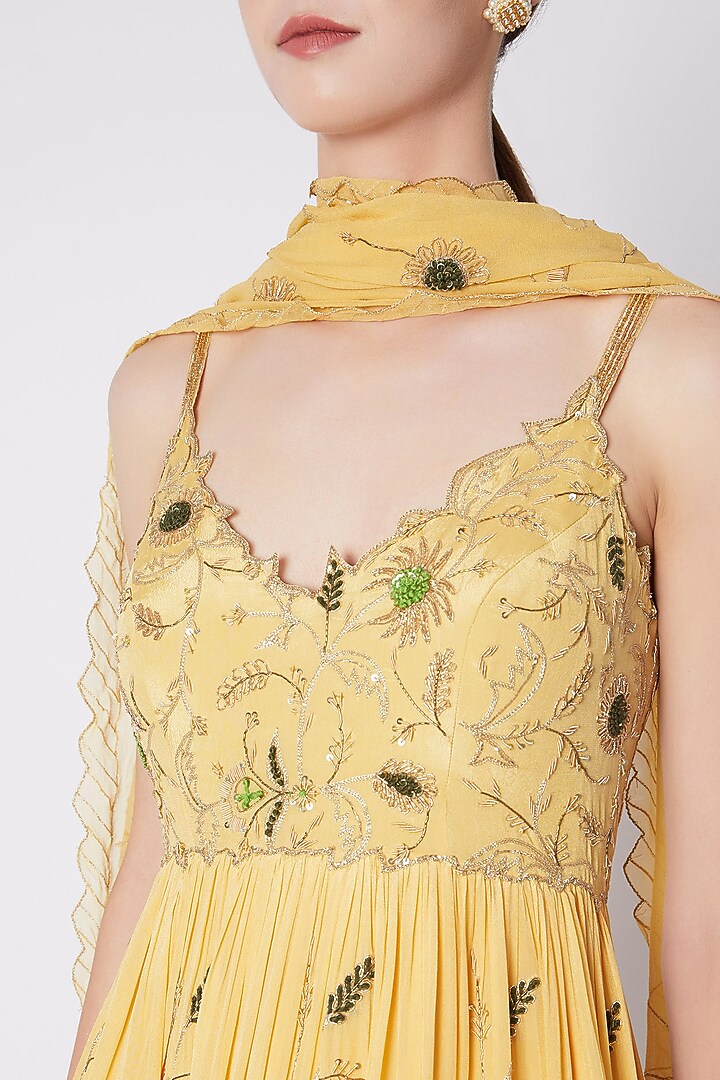Lemon Yellow Embroidered Anarakali With Dupatta by Pleats by Kaksha & Dimple at Pernia's Pop Up Shop