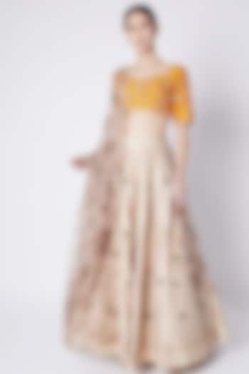 Nude & Yellow Embroidered Printed Lehenga Set by Pleats by Kaksha & Dimple