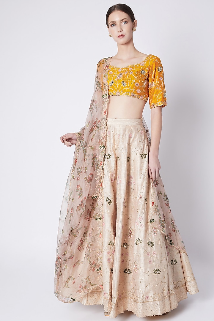 Nude & Yellow Embroidered Printed Lehenga Set by Pleats by Kaksha & Dimple
