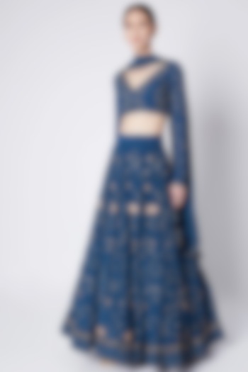Persian Blue Embroidered Wedding Lehenga Set by Pleats by Kaksha & Dimple at Pernia's Pop Up Shop