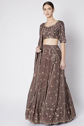 Brown Embroidered Lehenga Set by Pleats by Kaksha & Dimple
