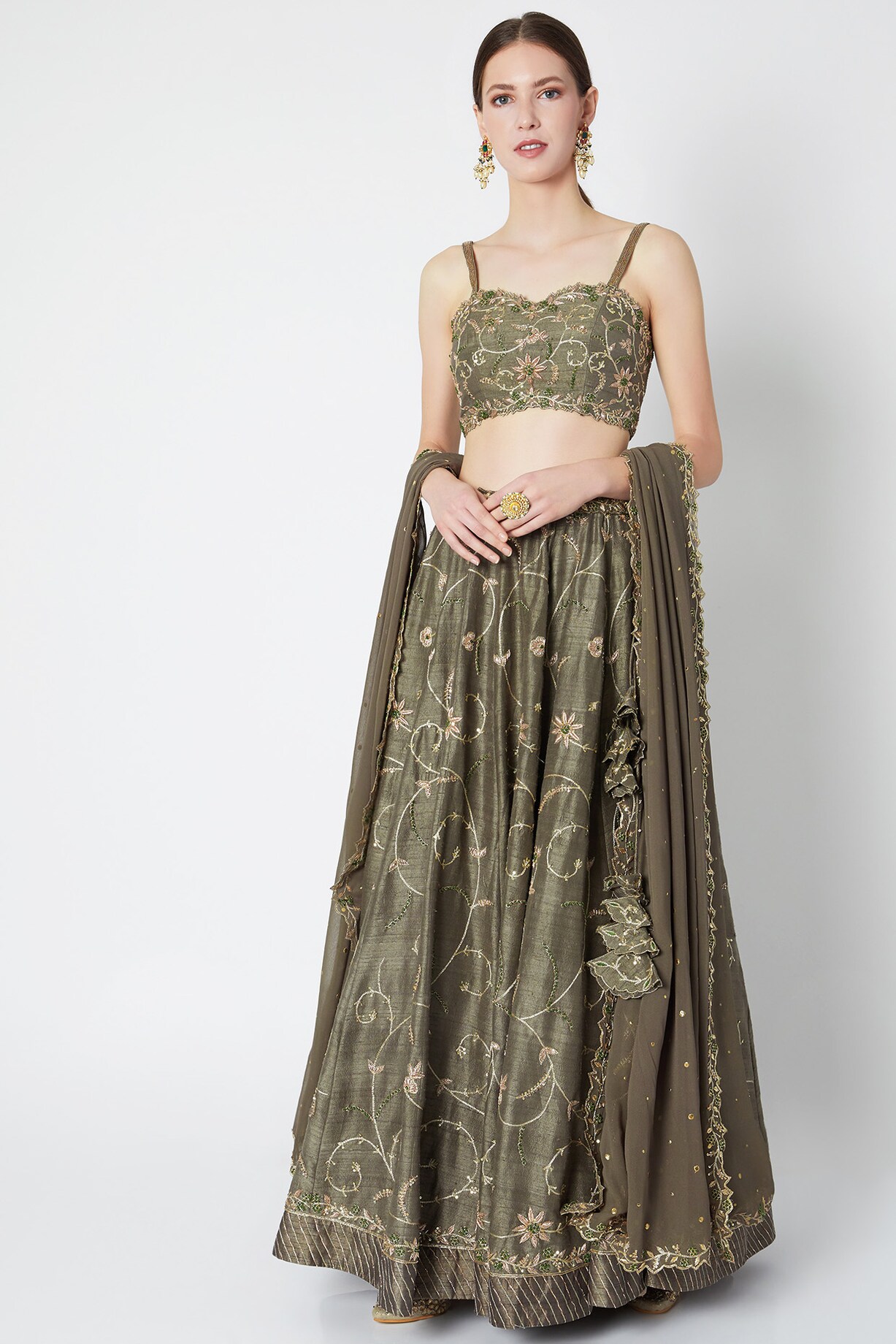 Dark Olive Green Embroidered Lehenga Set Design By Pleats By Kaksha And Dimple At Pernias Pop Up 2994