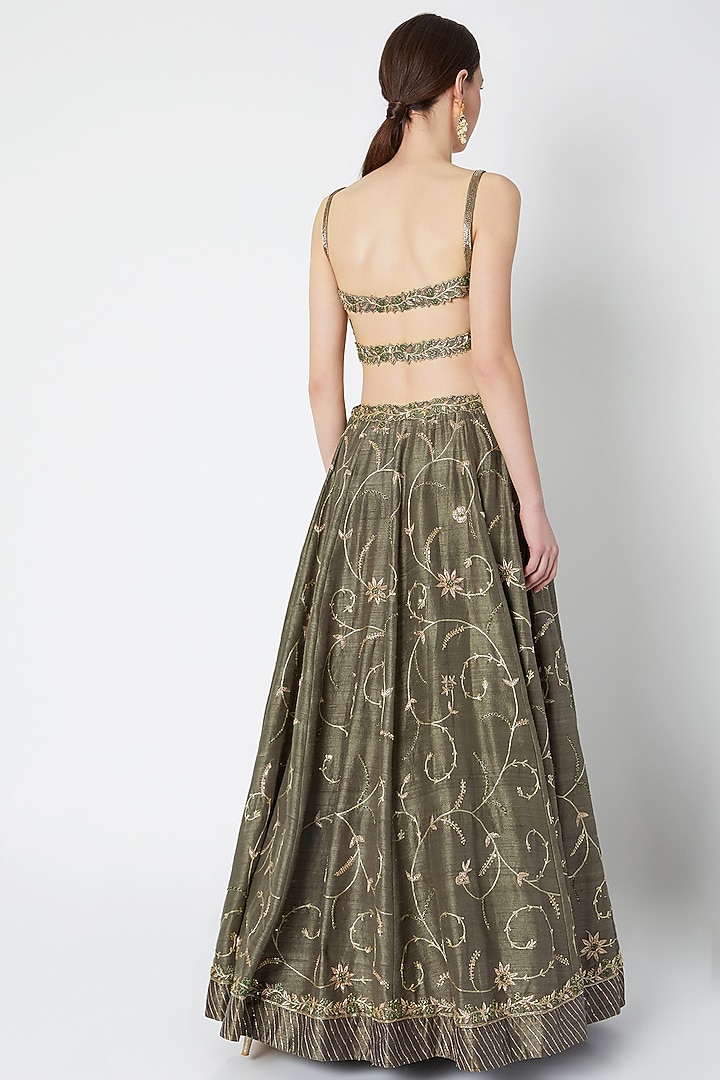 Dark Olive Green Embroidered Wedding Lehenga Set by Pleats by Kaksha & Dimple at Pernia's Pop Up Shop