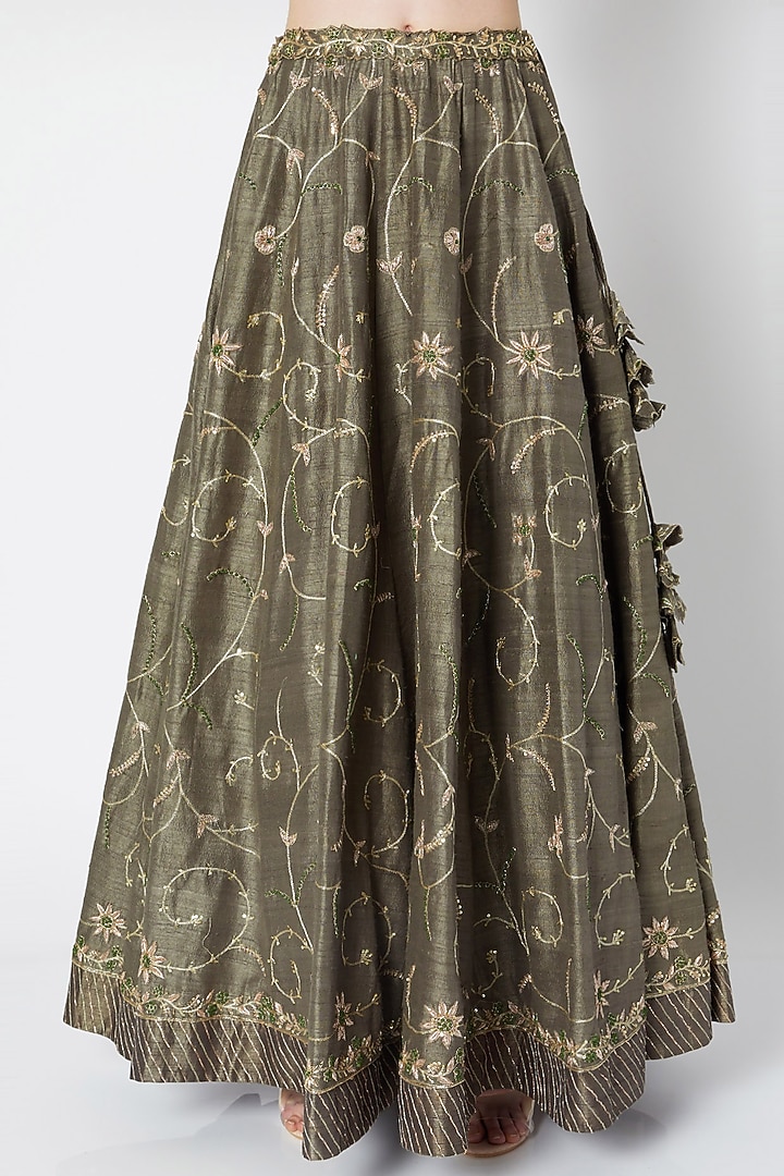 Dark Olive Green Embroidered Wedding Lehenga Set by Pleats by Kaksha & Dimple at Pernia's Pop Up Shop