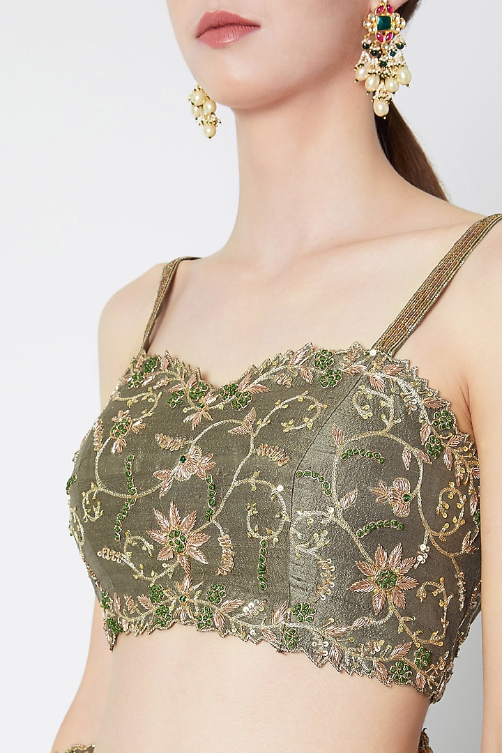 Dark Olive Green Embroidered Wedding Lehenga Set by Pleats by Kaksha & Dimple at Pernia's Pop Up Shop