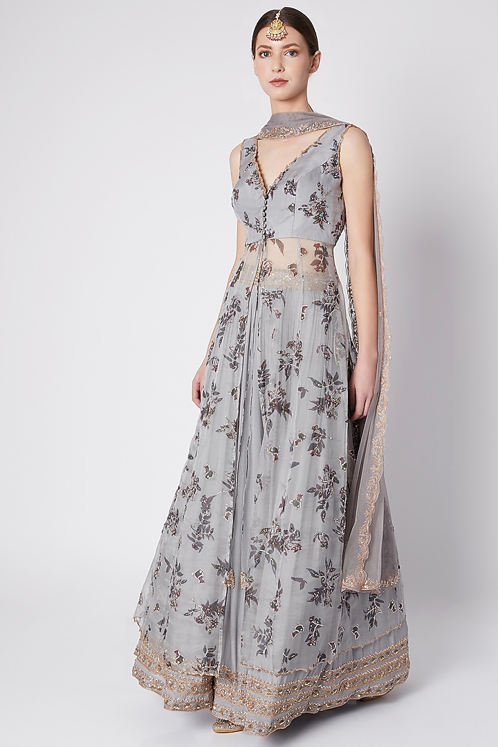 Grey Printed & Embroidered Jacket Wedding Lehenga Set by Pleats by Kaksha & Dimple at Pernia's Pop Up Shop