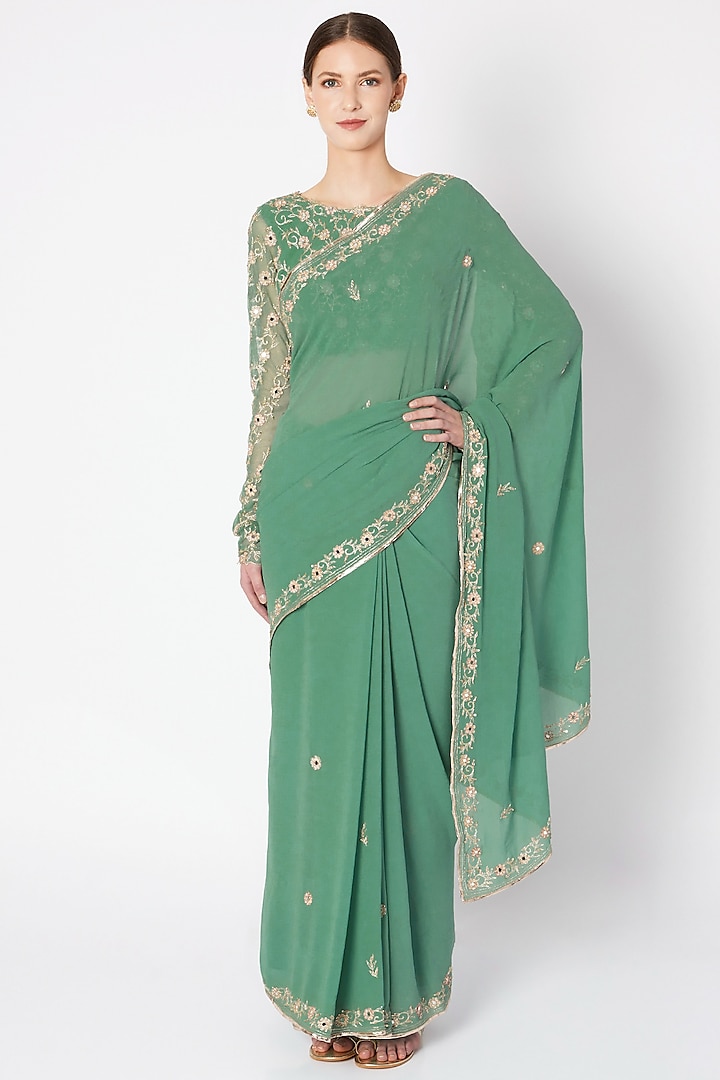 Pastel Green Georgette Embroidered Saree Set by Pleats by Kaksha & Dimple