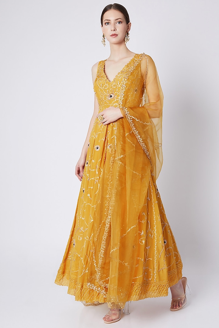 Mustard Yellow Embroidered Anarkali With Dupatta by Pleats by Kaksha & Dimple