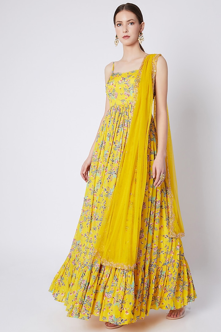 Yellow Embroidered & Printed Anarakali With Dupatta by Pleats by Kaksha & Dimple