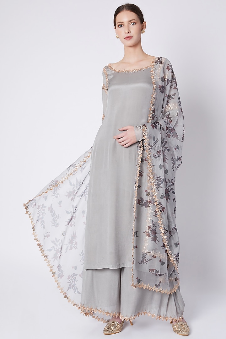 Grey Printed & Embroidered Tunic Set by Pleats by Kaksha & Dimple