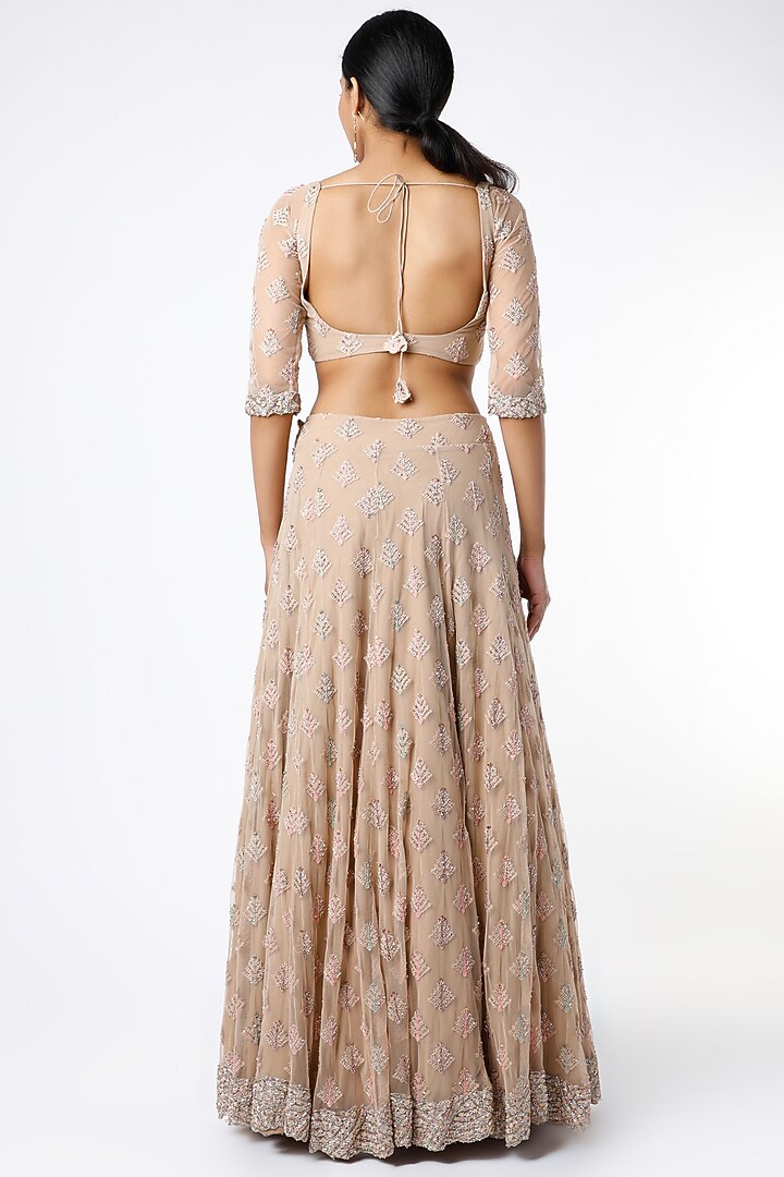 Beige Wedding Lehenga Set With Thread Work by Pleats by Kaksha & Dimple at Pernia's Pop Up Shop
