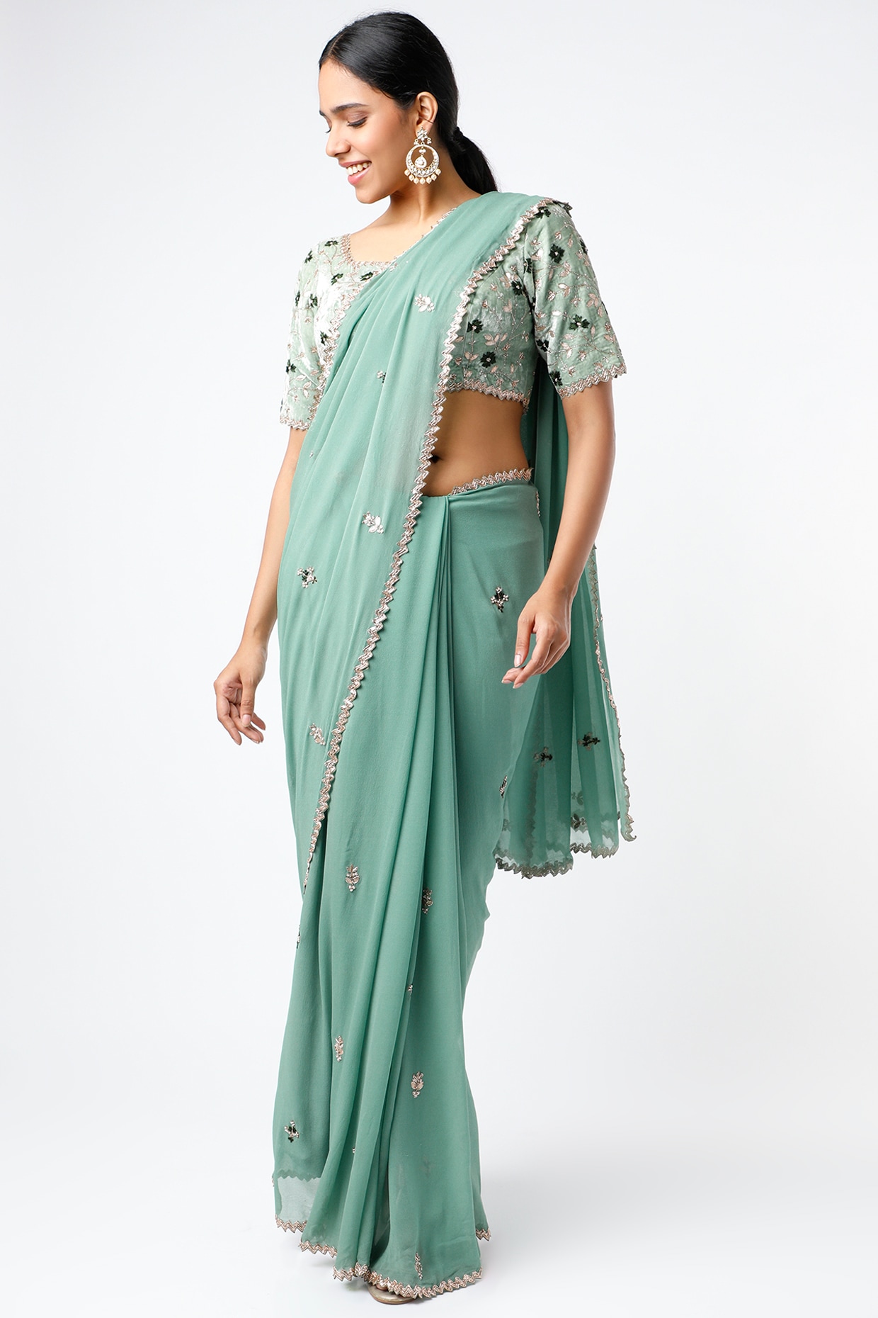 Blue Lagoon HandTie Dye Crepe Saree With Golden Lace Details & Magenta