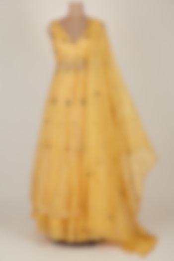 Yellow Embroidered Lehenga Set With Jacket by Pleats By Kaksha & Dimple