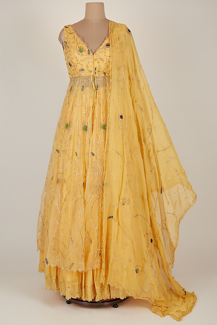 Yellow Embroidered Lehenga Set With Jacket by Pleats By Kaksha & Dimple