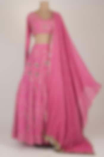 Pink Embroidered Lehenga Set by Pleats By Kaksha & Dimple