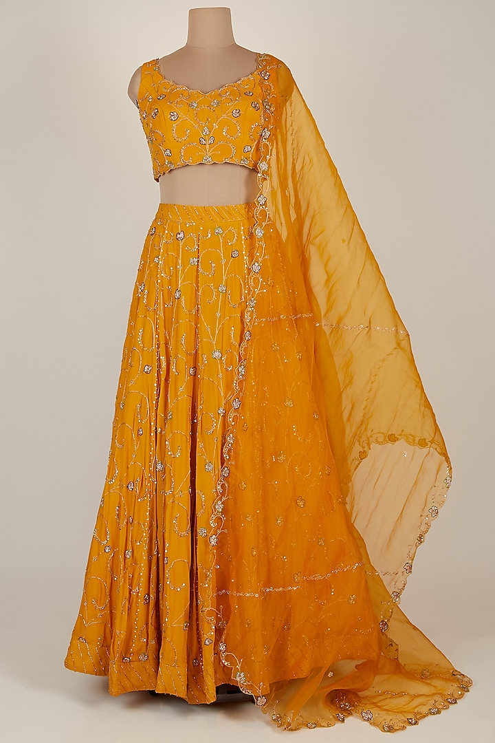 Orange Embroidered Lehenga Set by Pleats by Kaksha & Dimple