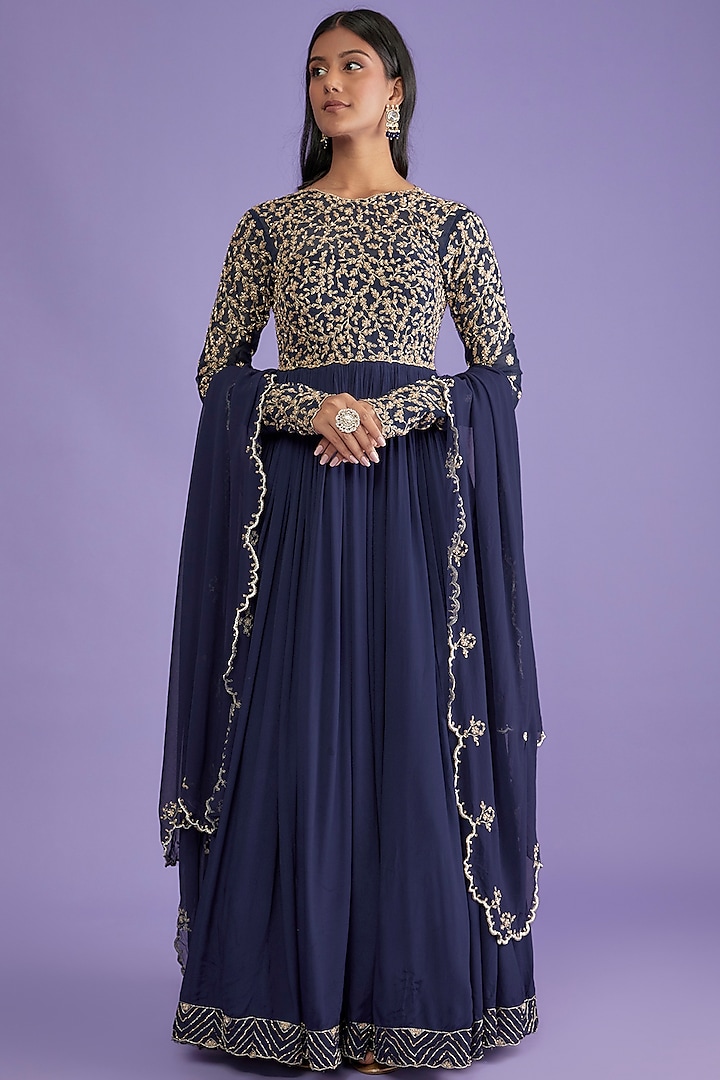 Royal Blue Crepe & Organza Anarkali Set by Pleats by Kaksha & Dimple at Pernia's Pop Up Shop