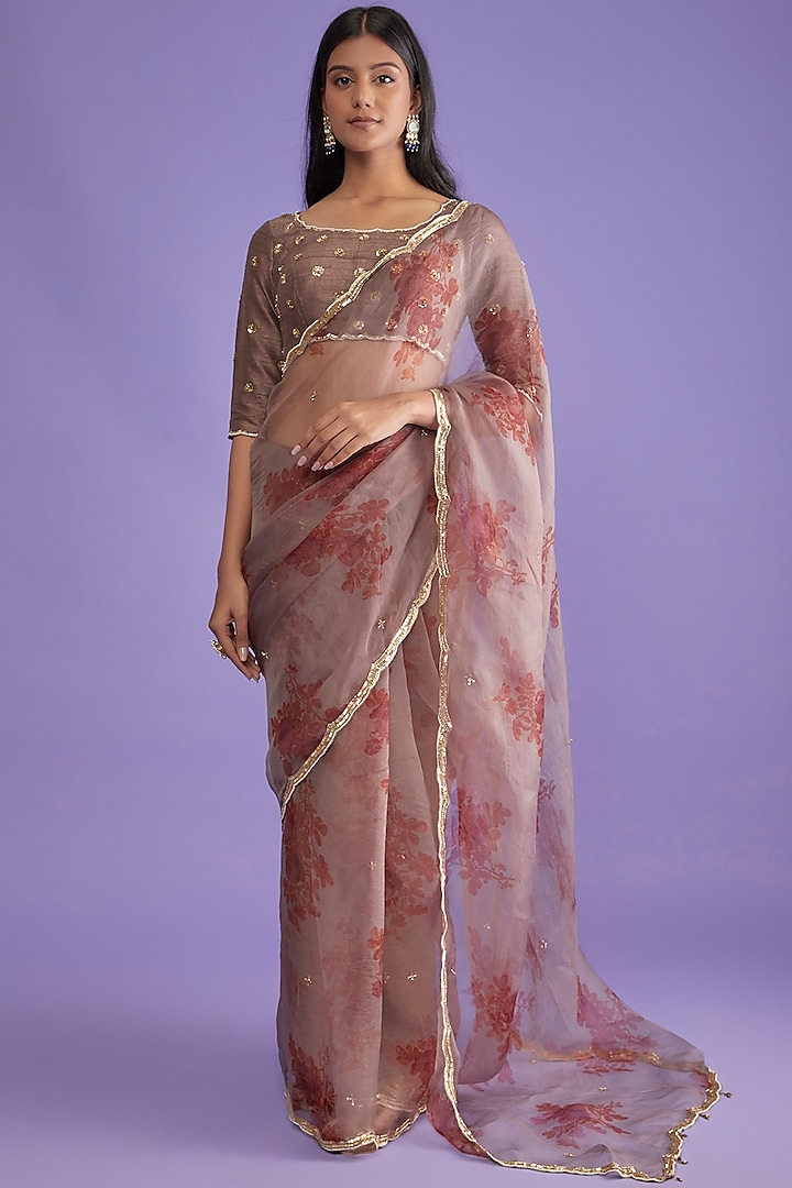 Purple Crepe & Organza Hand Embroidered Saree Set by Pleats by Kaksha & Dimple