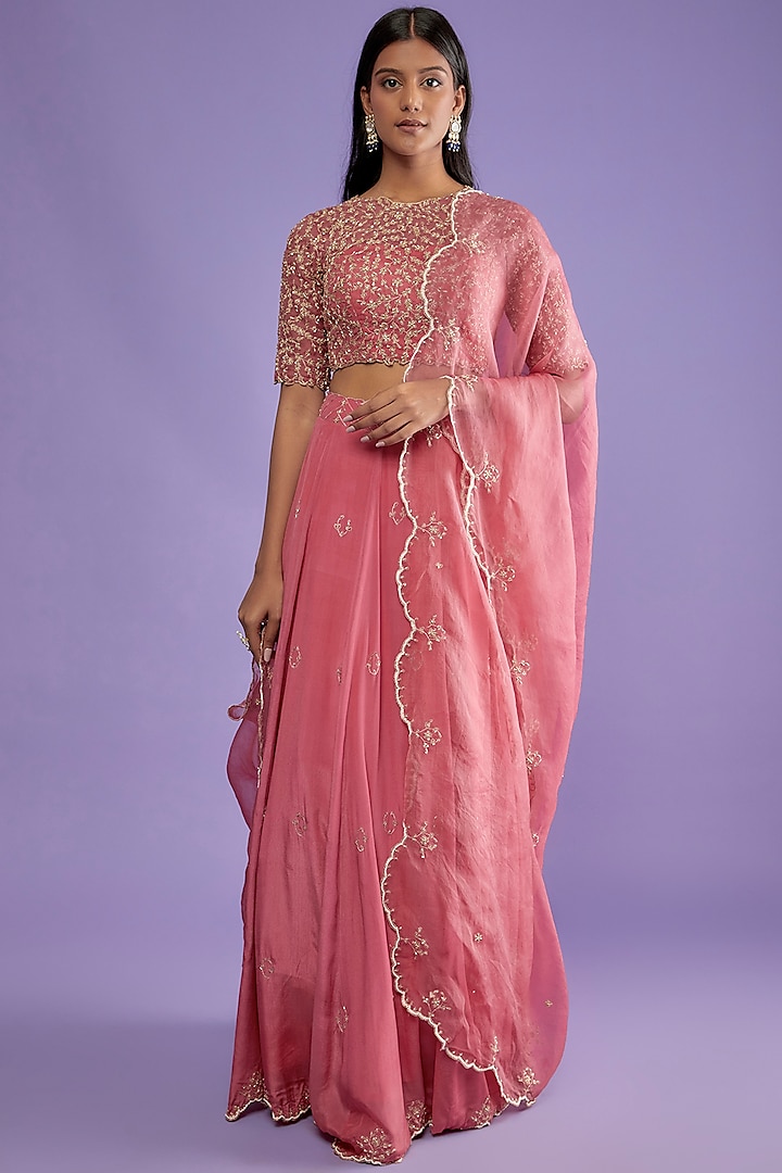 Hot Pink Crepe & Organza Embroidered Lehenga Set by Pleats by Kaksha & Dimple