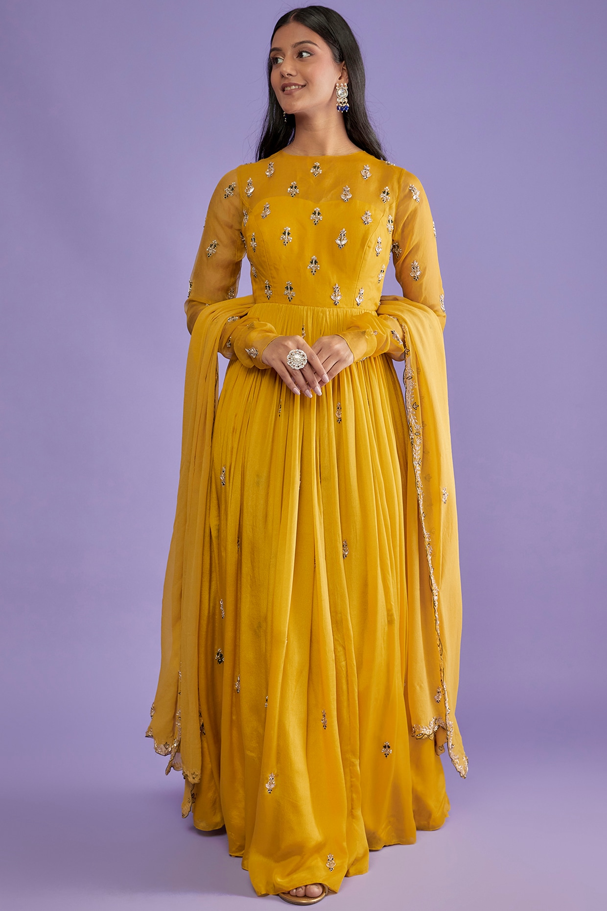 Yellow Organza Corset Anarkali Set Design by Pleats By Kaksha & Dimple at  Pernia's Pop Up Shop 2024