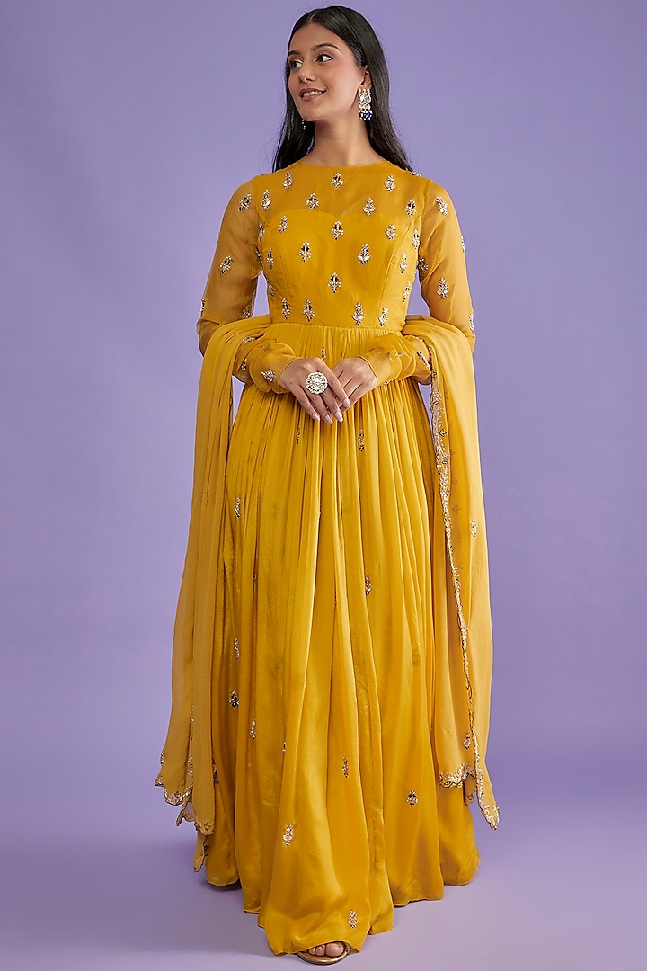 Bright Yellow Crepe & Organza Embroidered Anarkali Set by Pleats by Kaksha & Dimple