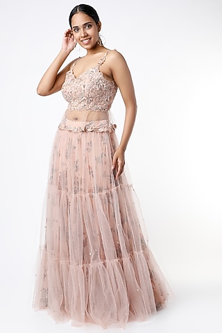 Beige Embroidered Skirt Set by Pleats by Kaksha & Dimple