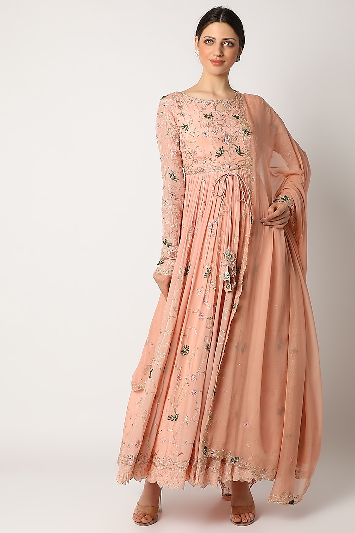 Peach Embellished Anarkali Set by Pleats By Kaksha & Dimple