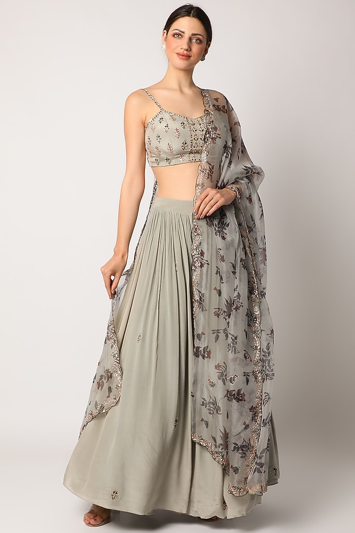Grey Printed Wedding Lehenga Set by Pleats By Kaksha & Dimple at Pernia's Pop Up Shop