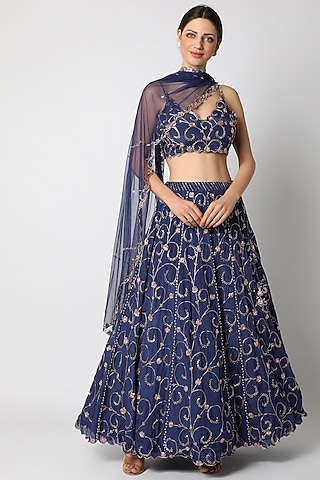 Sapphire Blue Embellished Lehenga Set by Pleats By Kaksha & Dimple