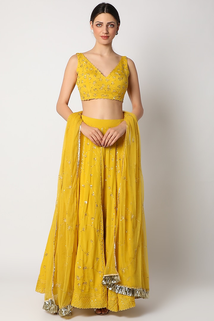 Canary Yellow Embroidered Lehenga Set by Pleats By Kaksha & Dimple