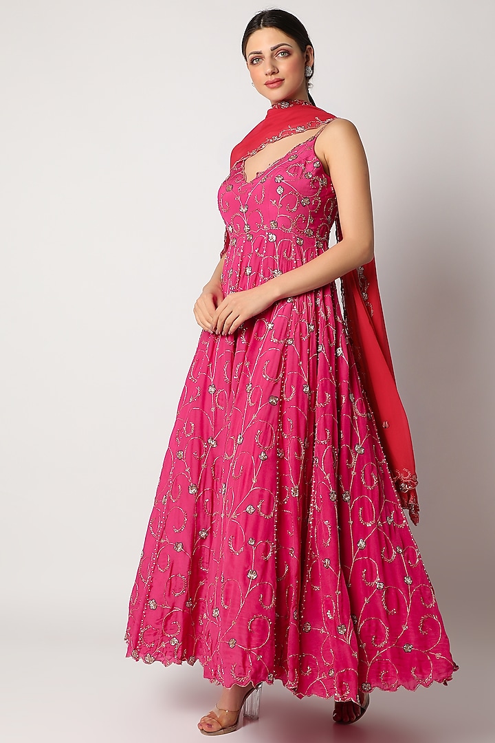 Pink Embroidered Anarkali Set by Pleats By Kaksha & Dimple