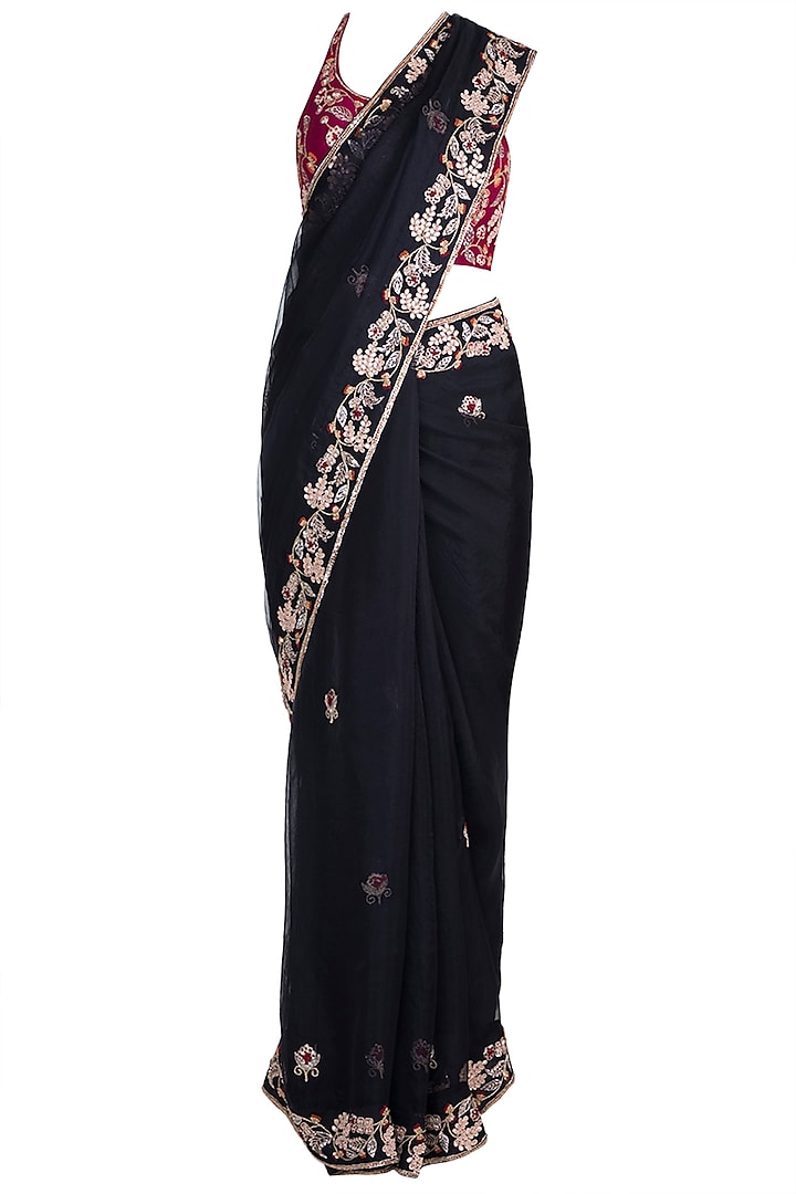 Black & Pink Embroidered Saree Set by Pleats by Kaksha & Dimple