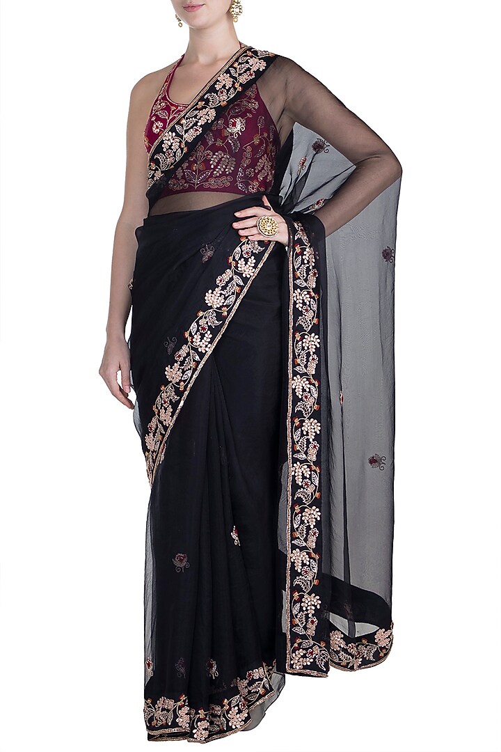 Black & Pink Embroidered Wedding Saree Set by Pleats by Kaksha & Dimple at Pernia's Pop Up Shop