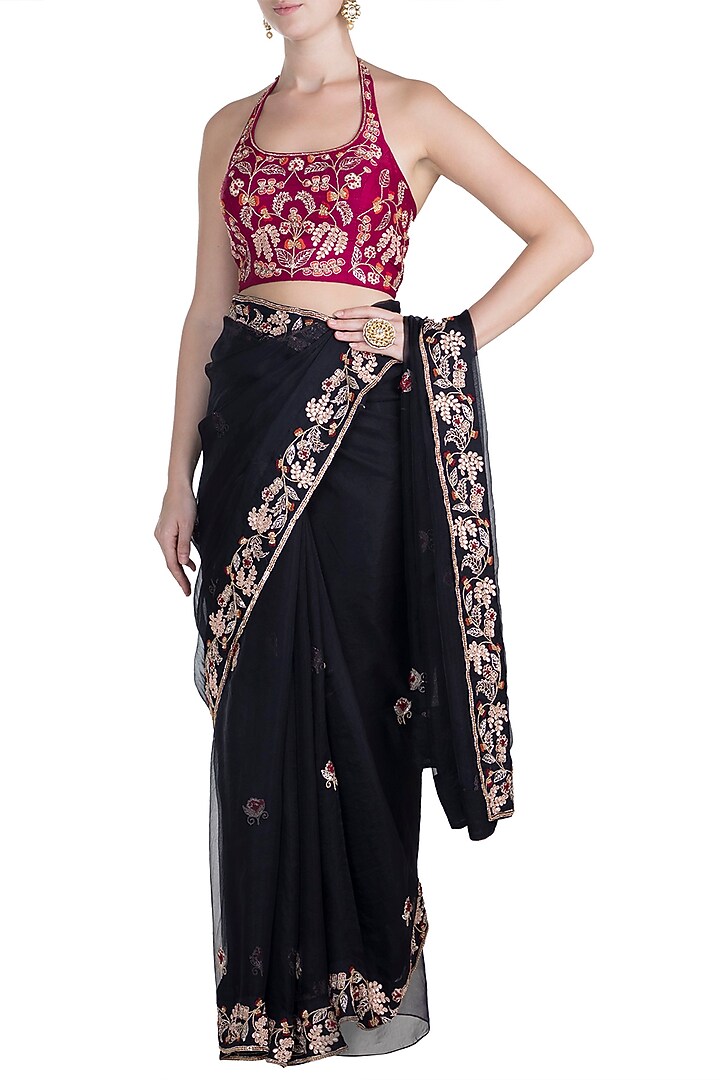 Black & Pink Embroidered Wedding Saree Set by Pleats by Kaksha & Dimple at Pernia's Pop Up Shop