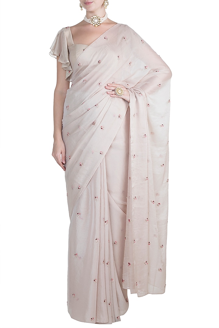 Ivory Shimmer Embroidered Wedding Saree Set by Pleats by Kaksha & Dimple at Pernia's Pop Up Shop