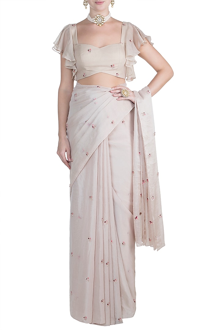 Ivory Shimmer Embroidered Wedding Saree Set by Pleats by Kaksha & Dimple at Pernia's Pop Up Shop
