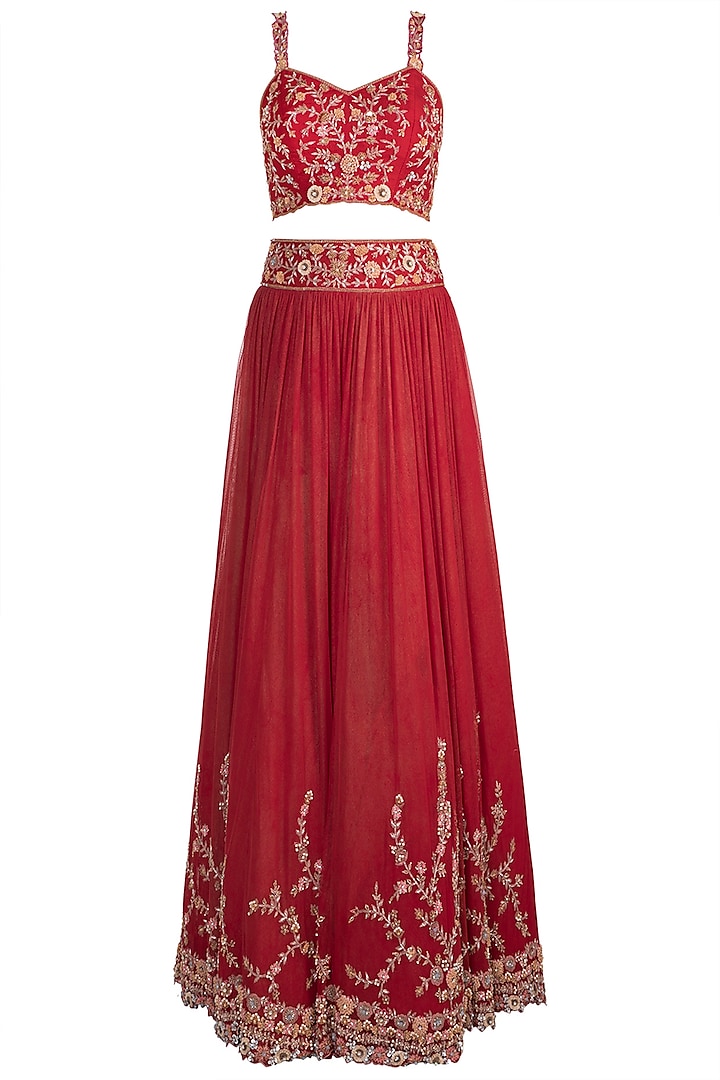 Red Embroidered Heavy Lehenga Set by Pleats by Kaksha & Dimple
