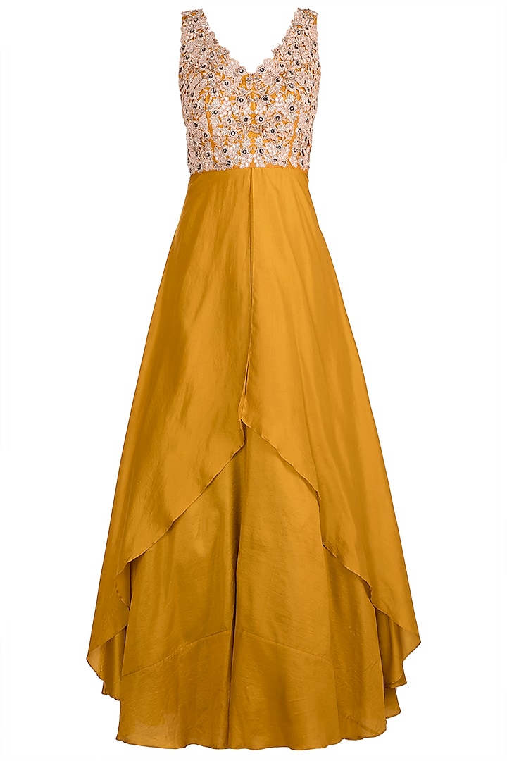 Mustard Yellow Embroidered Layered Anarkali Gown With Dupatta by Pleats by Kaksha & Dimple