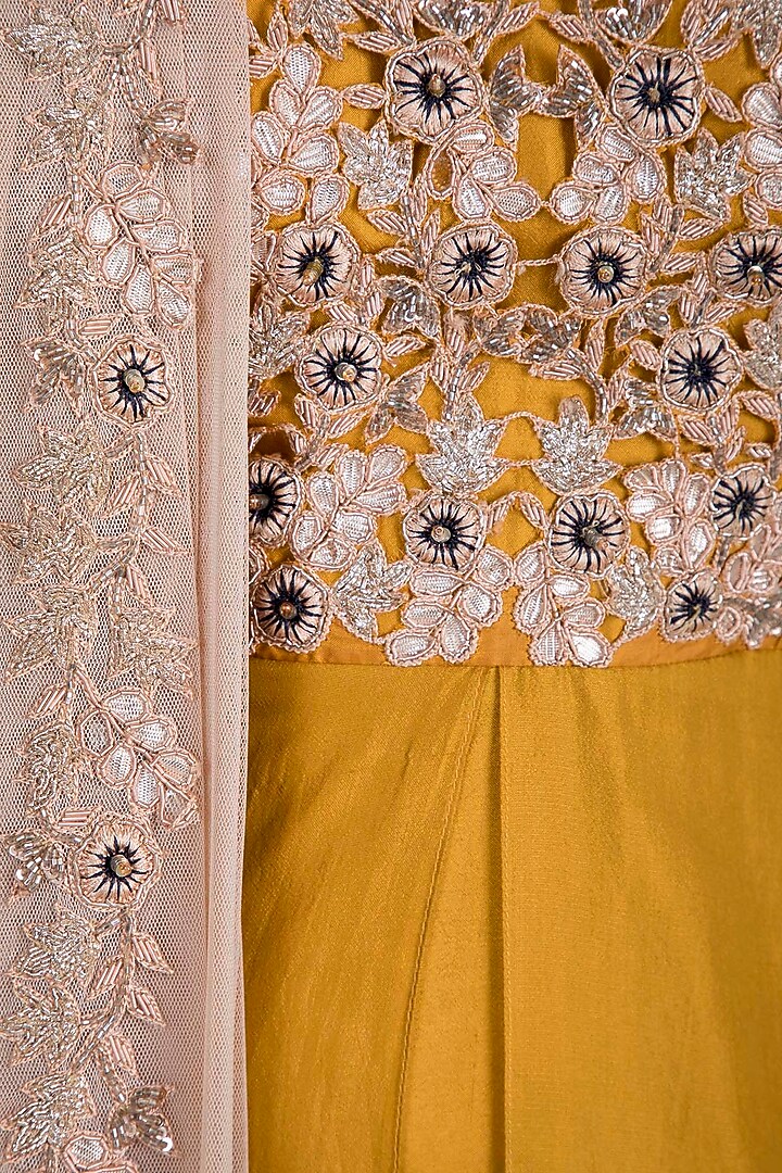 Mustard Yellow Embroidered Layered Wedding Anarkali Gown With Dupatta by Pleats by Kaksha & Dimple at Pernia's Pop Up Shop