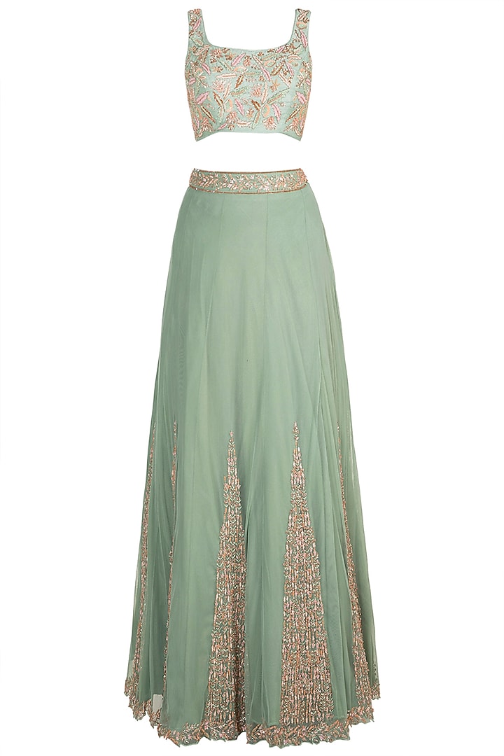 Mint Green Embroidered Wedding Lehenga Set by Pleats by Kaksha & Dimple at Pernia's Pop Up Shop