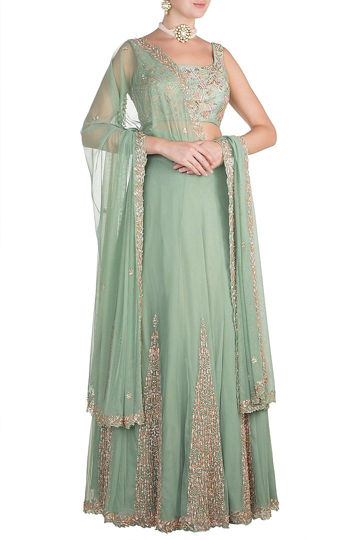Mint Green Embroidered Wedding Lehenga Set by Pleats by Kaksha & Dimple at Pernia's Pop Up Shop