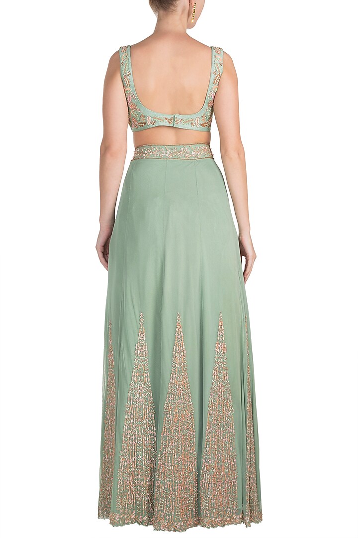 Mint Green Embroidered Wedding Lehenga Set by Pleats by Kaksha & Dimple at Pernia's Pop Up Shop