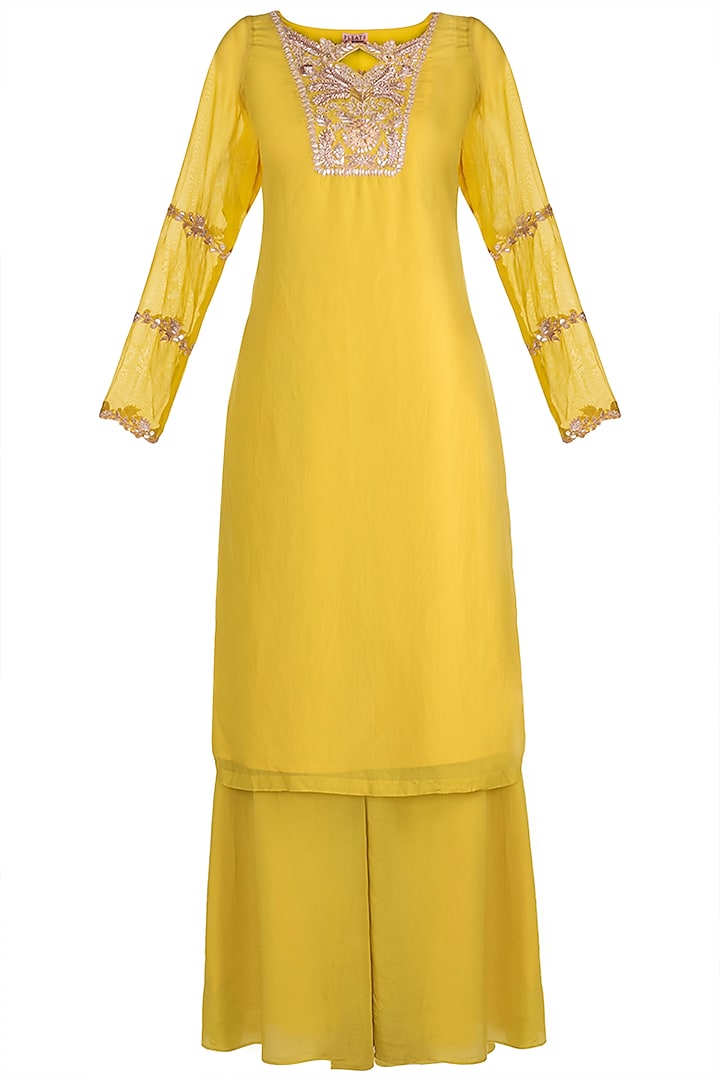 Lime Yellow Embellished Kurta Set by Pleats by Kaksha & Dimple