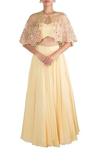 Yellow Skirt With Bustier & Embellished Cape by Pleats by Kaksha & Dimple