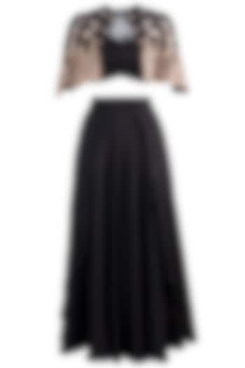 Black Draped Skirt With Bustier & Embellished Cape by Pleats by Kaksha & Dimple