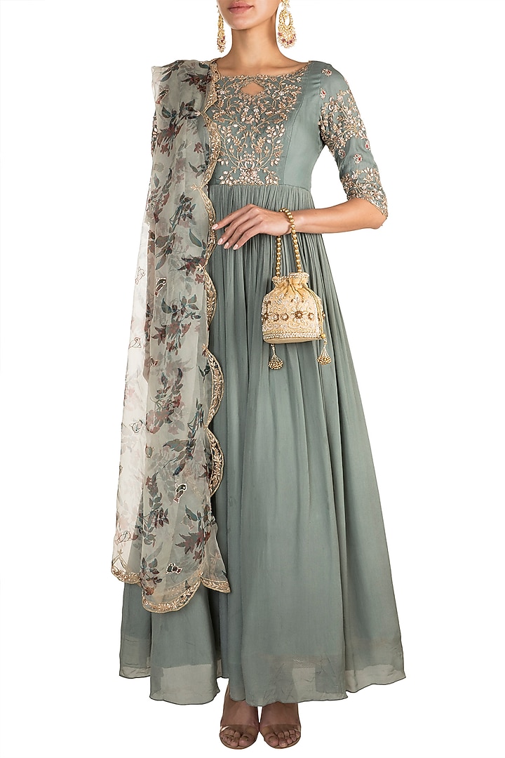 Aqua Blue Embroidered Wedding Anarkali With Printed Dupatta by Pleats by Kaksha & Dimple at Pernia's Pop Up Shop