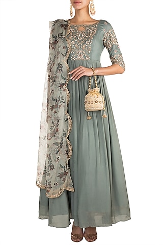 Aqua Blue Embroidered Anarkali With Printed Dupatta by Pleats by Kaksha & Dimple